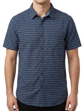 Denim & Flower Striped Cotton Casual Button Front Short Sleeve Shirt- Sz. Med